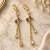 Oro Laminado Long Earring, Gold Filled Style Rolo and Leaf Design, with Garnet and White Cubic Zirconia, Polished, Golden Finish, 02.316.0086.1