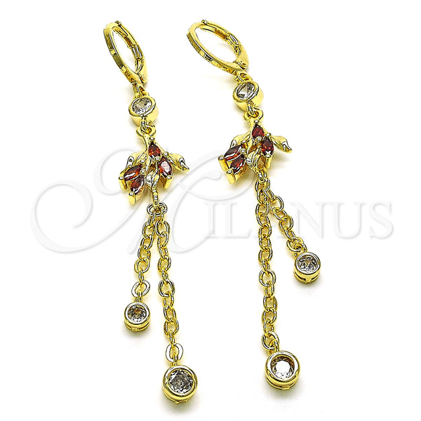 Gold Filled Ring — Long Earring Rolo and Leaf Design with Garnet — main product view — SKU 150324 | Oro Laminado anillo — Long Earring Rolo and Leaf diseño with Garnet — SKU 150324