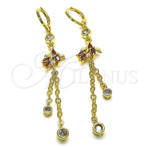 Oro Laminado Long Earring, Gold Filled Style Rolo and Leaf Design, with Garnet and White Cubic Zirconia, Polished, Golden Finish, 02.316.0086.1