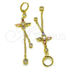 Oro Laminado Long Earring, Gold Filled Style Rolo and Cross Design, with Multicolor and White Cubic Zirconia, Polished, Golden Finish, 02.316.0087