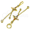 Oro Laminado Long Earring, Gold Filled Style Rolo and Cross Design, with Multicolor and White Cubic Zirconia, Polished, Golden Finish, 02.316.0087