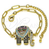 Oro Laminado Fancy Bracelet, Gold Filled Style Paperclip and Elephant Design, with Multicolor Micro Pave, Polished, Golden Finish, 03.316.0078.07 (04 MM Thickness, 7 Inches Length)