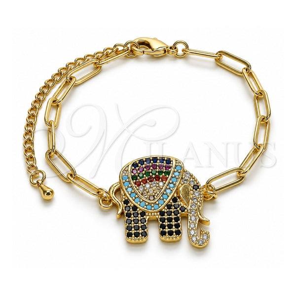 Oro Laminado Fancy Bracelet, Gold Filled Style Paperclip and Elephant Design, with Multicolor Micro Pave, Polished, Golden Finish, 03.316.0078.07 (04 MM Thickness, 7 Inches Length)