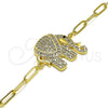 Oro Laminado Fancy Bracelet, Gold Filled Style Paperclip and Elephant Design, with White and Black Micro Pave, Polished, Golden Finish, 03.316.0078.1.07 (04 MM Thickness, 7 Inches Length)