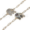 Oro Laminado Fancy Bracelet, Gold Filled Style Paperclip and Elephant Design, with White and Black Micro Pave, Polished, Golden Finish, 03.316.0078.1.07 (04 MM Thickness, 7 Inches Length)