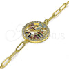 Oro Laminado Fancy Bracelet, Gold Filled Style Paperclip and Butterfly Design, with Ruby and Turquoise Micro Pave, Polished, Golden Finish, 03.316.0079.07 (04 MM Thickness, 7 Inches Length)