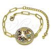 Oro Laminado Fancy Bracelet, Gold Filled Style Paperclip and Butterfly Design, with Ruby and Turquoise Micro Pave, Polished, Golden Finish, 03.316.0079.07 (04 MM Thickness, 7 Inches Length)