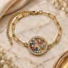 Oro Laminado Fancy Bracelet, Gold Filled Style Paperclip and Butterfly Design, with Ruby and Turquoise Micro Pave, Polished, Golden Finish, 03.316.0079.07 (04 MM Thickness, 7 Inches Length)