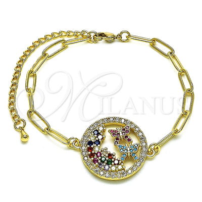 Oro Laminado Fancy Bracelet, Gold Filled Style Paperclip and Butterfly Design, with Ruby and Turquoise Micro for wholesale, main product view