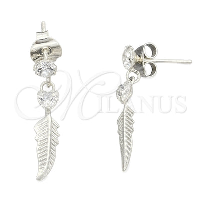 Sterling Silver Long Earring, Leaf and Heart Design, with White Cubic Zirconia, Polished, Silver Finish for wholesale, main product view