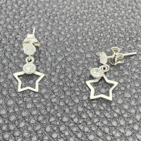 Sterling Silver Long Earring, Star Design, with White Cubic Zirconia, Polished, Silver Finish, 02.401.0059