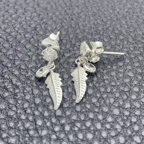 Sterling Silver Long Earring, Leaf Design, with White Cubic Zirconia, Polished, Silver Finish, 02.401.0060