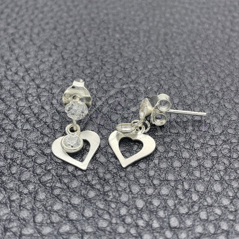 Sterling Silver Long Earring, Heart Design, with White Cubic Zirconia, Polished, Silver Finish, 02.401.0062