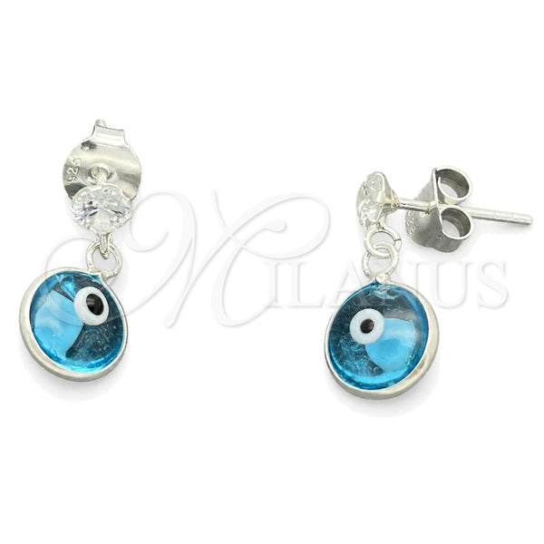 Sterling Silver Long Earring, Evil Eye Design, with Turquoise Crystal and White Cubic Zirconia, Polished, Silver Finish, 02.401.0070