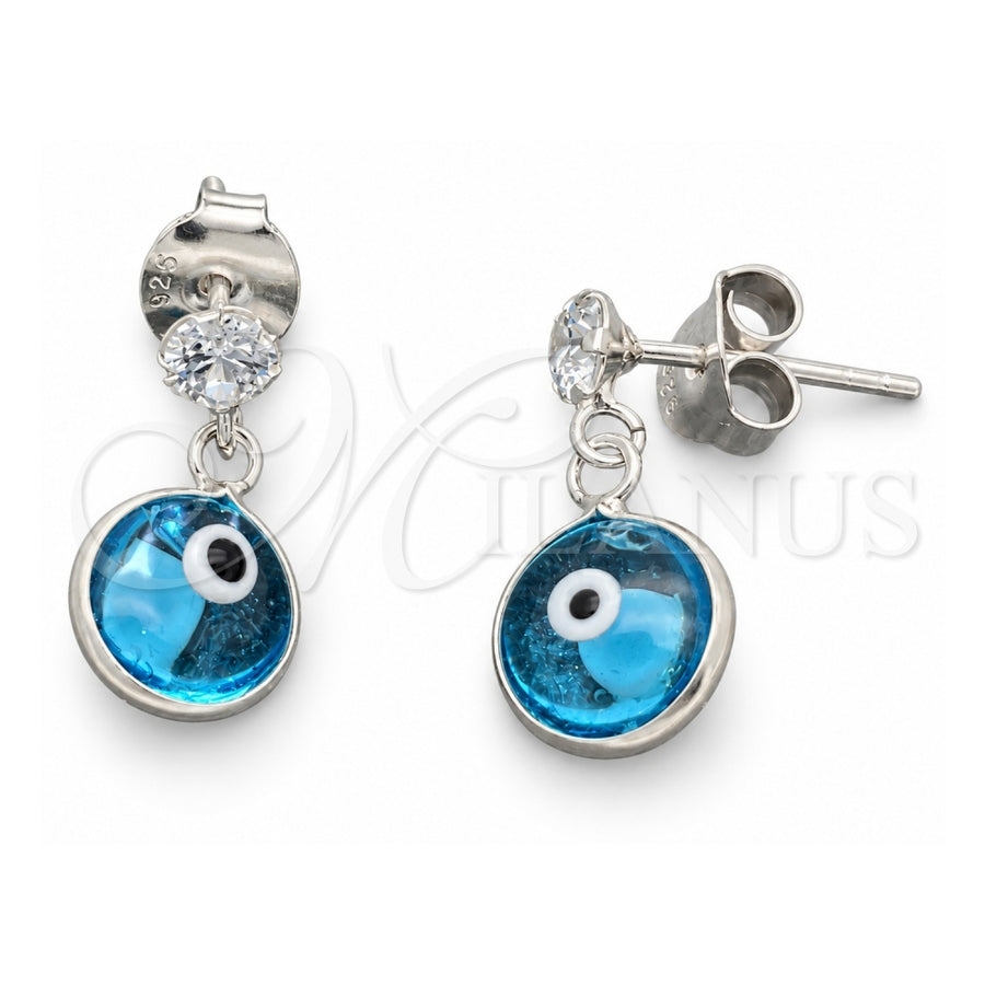 Sterling Silver Long Earring, Evil Eye Design, with Turquoise Crystal and White Cubic Zirconia, Polished, Silver Finish, 02.401.0070
