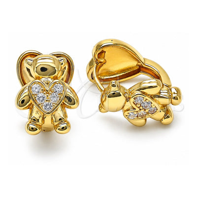 Oro Laminado Huggie Hoop, Gold Filled Style Teddy Bear and Heart Design, with White Micro Pave, Polished, Golden Finish, 02.210.0804.15