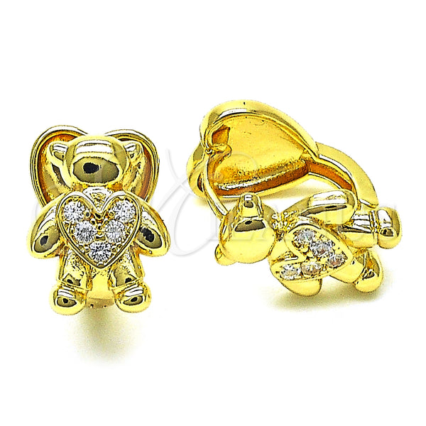 Gold Filled Hoop Earrings — Huggie Hoop Teddy Bear and Heart Design with — main product view — SKU 150376 | Oro Laminado aretes de aro — Huggie Hoop Teddy Bear and corazón diseño with — SKU 150376