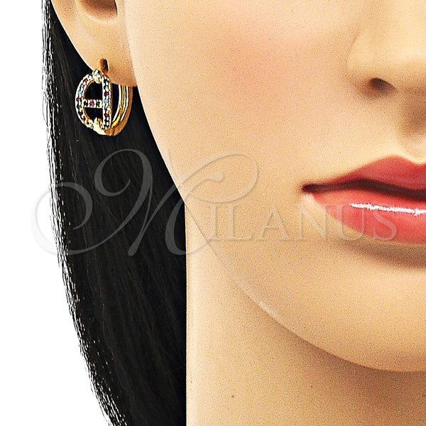 Gold Filled Hoop Earrings — Huggie Hoop Puff Mariner Design with Multicolor Micro — alternate product view — SKU 150379 | Oro Laminado aretes de aro — Huggie Hoop Puff Mariner diseño with Multicolor Micro — SKU 150379