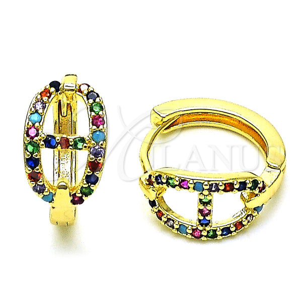 Gold Filled Hoop Earrings — Huggie Hoop Puff Mariner Design with Multicolor Micro — main product view — SKU 150379 | Oro Laminado aretes de aro — Huggie Hoop Puff Mariner diseño with Multicolor Micro — SKU 150379