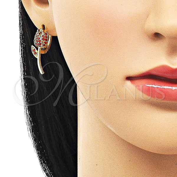 Gold Filled Hoop Earrings — Huggie Hoop Flower Design with Garnet Micro Pave — alternate product view — SKU 150381 | Oro Laminado aretes de aro — Huggie Hoop flor diseño with Garnet Micro Pave — SKU 150381