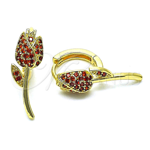 Oro Laminado Huggie Hoop, Gold Filled Style Flower Design, with Garnet Micro Pave, Polished, Golden Finish, 02.210.0806.1.15