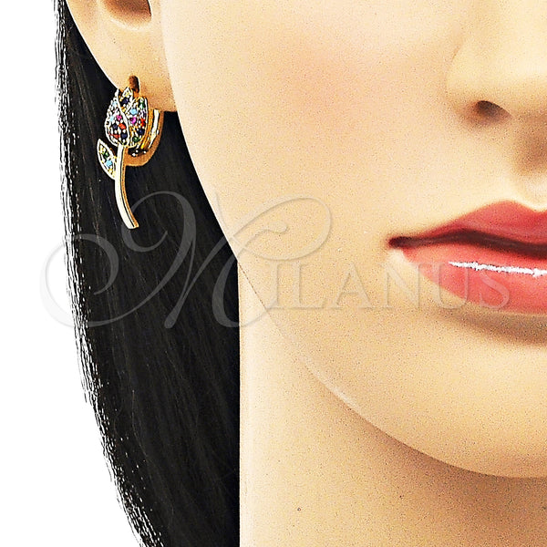 Gold Filled Hoop Earrings — Huggie Hoop Flower Design with Multicolor Micro Pave — alternate product view — SKU 150382 | Oro Laminado aretes de aro — Huggie Hoop flor diseño with Multicolor Micro Pave — SKU 150382