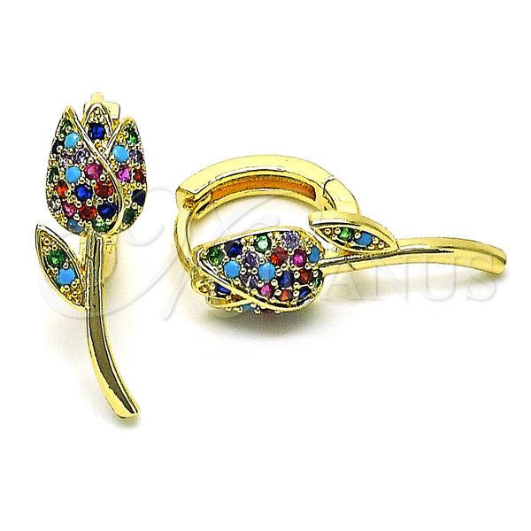 Gold Filled Hoop Earrings — Huggie Hoop Flower Design with Multicolor Micro Pave — main product view — SKU 150382 | Oro Laminado aretes de aro — Huggie Hoop flor diseño with Multicolor Micro Pave — SKU 150382