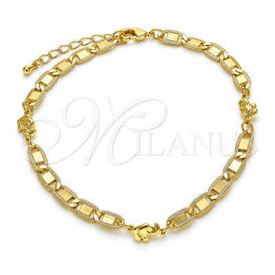Oro Laminado Fancy Anklet, Gold Filled Style Elephant and Mariner Design, Polished, Golden Finish, 03.63.2272.10 (06 MM Thickness, 10 Inches Length)