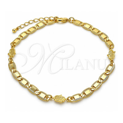 Oro Laminado Fancy Anklet, Gold Filled Style Mariner and Hand of God Design, Polished, Golden Finish, 03.63.2274.10 (06 MM Thickness, 10 Inches Length)