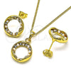 Oro Laminado Earring and Pendant Adult Set, Gold Filled Style with White Crystal and Ivory Pearl, Polished, Golden Finish, 10.379.0037