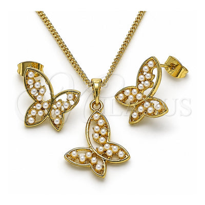 Oro Laminado Earring and Pendant Adult Set, Gold Filled Style Butterfly Design, with Ivory Pearl, Polished, Golden Finish, 10.379.0042