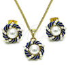 Oro Laminado Earring and Pendant Adult Set, Gold Filled Style with Ivory Pearl, Blue Enamel Finish, Golden Finish, 10.379.0044.2