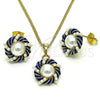 Oro Laminado Earring and Pendant Adult Set, Gold Filled Style with Ivory Pearl, Blue Enamel Finish, Golden Finish, 10.379.0044.2