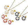 Oro Laminado Earring and Pendant Adult Set, Gold Filled Style with Ivory Pearl, Blue Enamel Finish, Golden Finish, 10.379.0044.2
