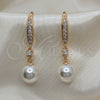 Oro Laminado Long Earring, Gold Filled Style with Ivory Pearl and White Micro Pave, Polished, Golden Finish, 02.387.0109