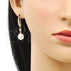Oro Laminado Long Earring, Gold Filled Style Ball Design, with Ivory Pearl and White Cubic Zirconia, Polished, Golden Finish, 02.387.0109