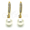 Oro Laminado Long Earring, Gold Filled Style Ball Design, with Ivory Pearl and White Cubic Zirconia, Polished, Golden Finish, 02.387.0109