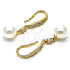Oro Laminado Long Earring, Gold Filled Style Ball Design, with Ivory Pearl and White Cubic Zirconia, Polished, Golden Finish, 02.387.0109