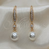 Oro Laminado Long Earring, Gold Filled Style Ball Design, with Ivory Pearl and White Cubic Zirconia, Polished, Golden Finish, 02.387.0109
