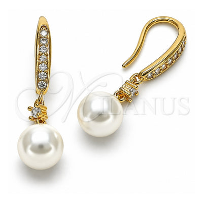 Oro Laminado Long Earring, Gold Filled Style Ball Design, with Ivory Pearl and White Cubic Zirconia, Polished, Golden Finish, 02.387.0109