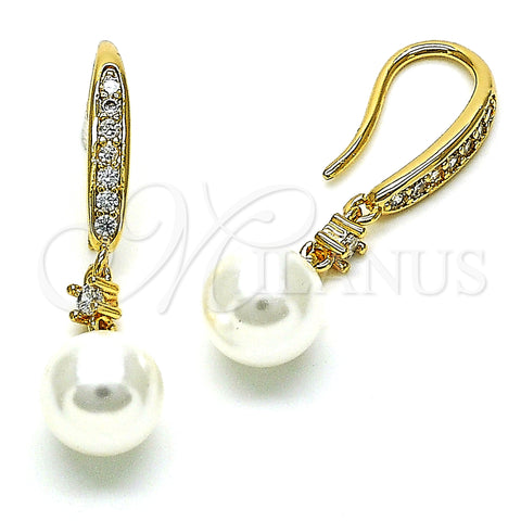 Oro Laminado Long Earring, Gold Filled Style Ball Design, with Ivory Pearl and White Cubic Zirconia, Polished, Golden Finish, 02.387.0109