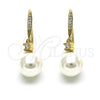 Oro Laminado Long Earring, Gold Filled Style with Ivory Pearl and White Micro Pave, Polished, Golden Finish, 02.387.0110