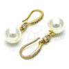 Oro Laminado Long Earring, Gold Filled Style with Ivory Pearl and White Micro Pave, Polished, Golden Finish, 02.387.0110