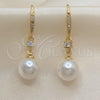 Oro Laminado Long Earring, Gold Filled Style with Ivory Pearl and White Micro Pave, Polished, Golden Finish, 02.387.0110