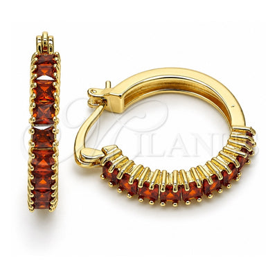 Oro Laminado Small Hoop, Gold Filled Style with Garnet Cubic Zirconia, Polished, Golden Finish, 02.210.0281.10.20