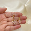 Oro Laminado Dangle Earring, Gold Filled Style Turtle and Flower Design, with Pink Cubic Zirconia, Polished, Golden Finish, 02.357.0072