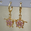Oro Laminado Dangle Earring, Gold Filled Style Turtle and Flower Design, with Pink Cubic Zirconia, Polished, Golden Finish, 02.357.0072