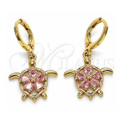 Oro Laminado Dangle Earring, Gold Filled Style Turtle and Flower Design, with Pink Cubic Zirconia, Polished, Golden Finish, 02.357.0072
