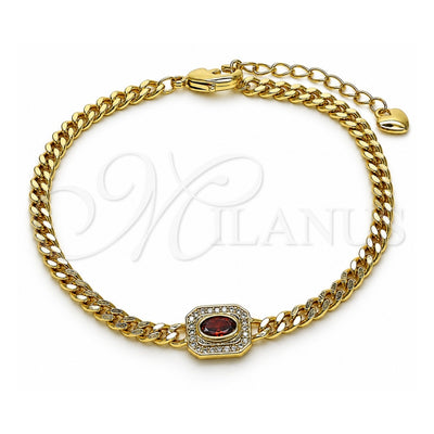 Oro Laminado Fancy Bracelet, Gold Filled Style Miami Cuban Design, with Garnet Cubic Zirconia and White Micro Pave, Polished, Golden Finish, 03.213.0162.2.07 (04 MM Thickness, 7 Inches Length)
