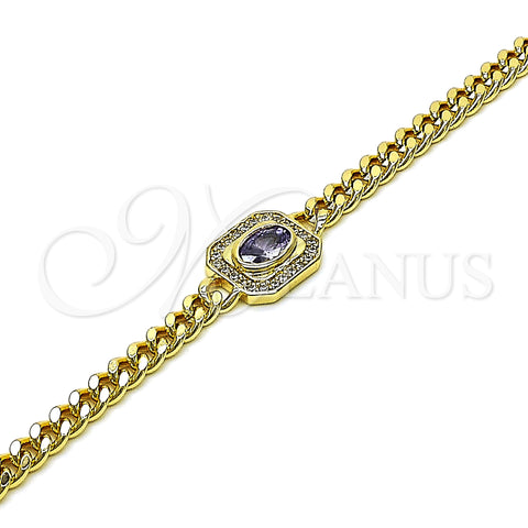 Oro Laminado Fancy Bracelet, Gold Filled Style Miami Cuban Design, with Amethyst Cubic Zirconia and White Micro Pave, Polished, Golden Finish, 03.213.0162.4.07 (04 MM Thickness, 7 Inches Length)